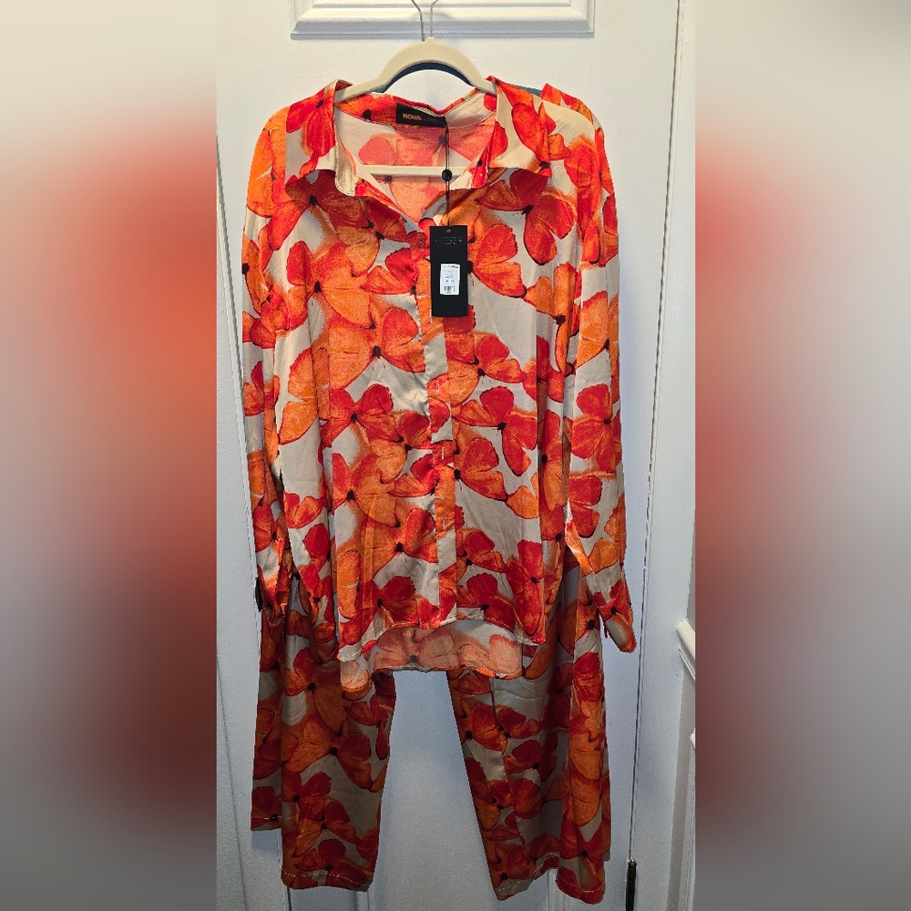 Fashion Nova Gloral Orange and Red Button-Up Shirt and Pants Set